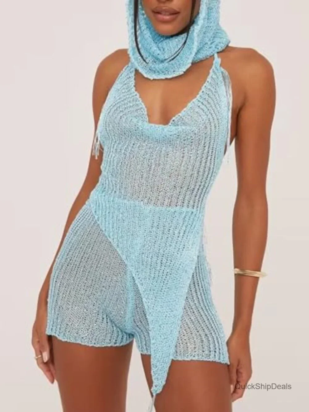 Sequin Knit Backless Halter Top Crochet Shorts Set with Matching Rave Hood